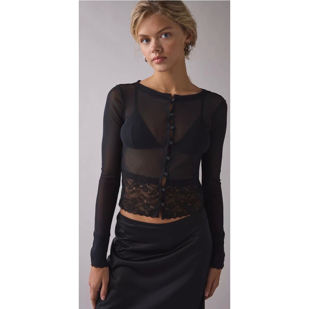 Kimchi Blue Urban Outfitters Sabrina Black Sheer Mesh Lace Trim Cardigan Top y2k